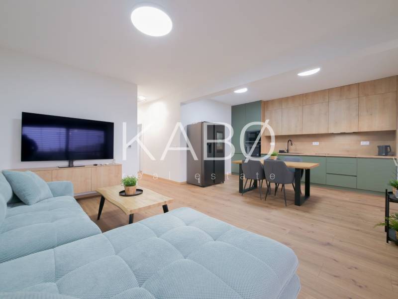 Living room in a family house with a wood-patterned floor and a kitchenette.