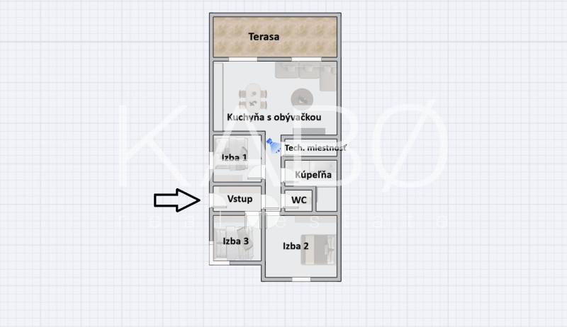The floor plan of the family house includes a kitchen with a living room, three rooms, and a terrace.