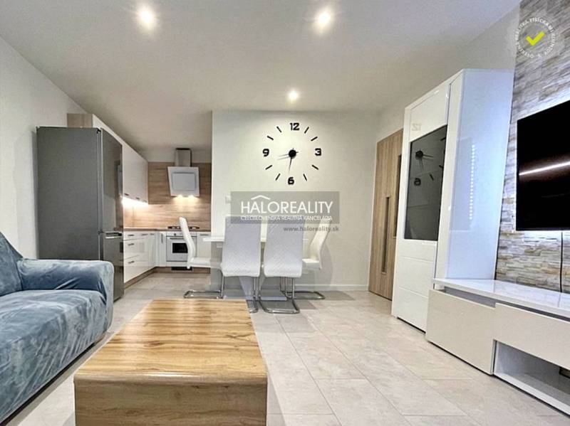 Living room in a two-room apartment with stylish furniture and a large wall clock.