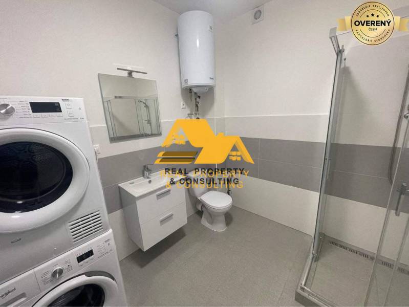 Bathroom with a shower, washing machine, and sink in a 3-room apartment.