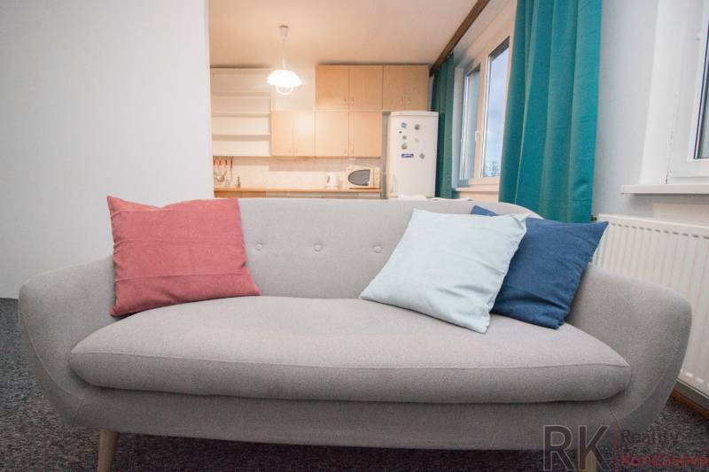 A gray sofa with colorful cushions in a 4-room apartment by the window and the kitchen.