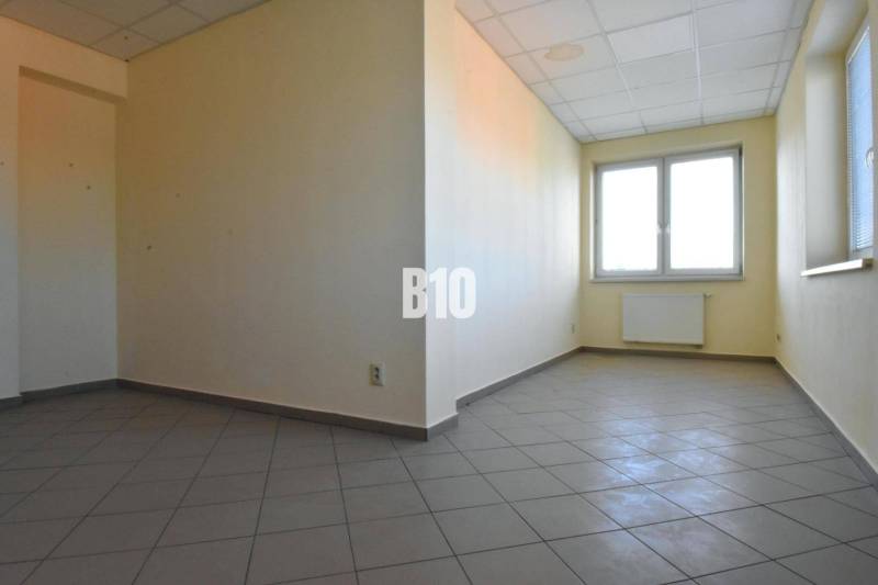 Open space, light walls, window, and tiles in the office.