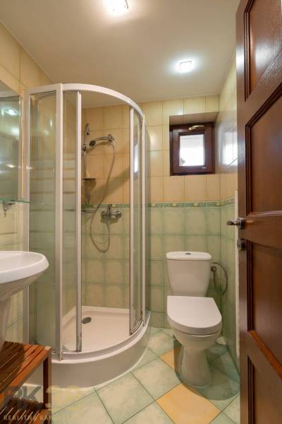 A bathroom with a toilet, shower, and sink in a 5 or more room apartment.