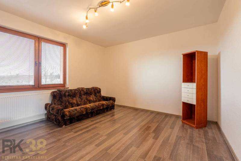 A room in a 5 or more room apartment with a sofa, a shelf, and a floor with a wooden decor.