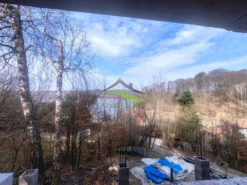 View of the lake from the Cottage at Zajacia debra in Holčíkovce surrounded by forest.