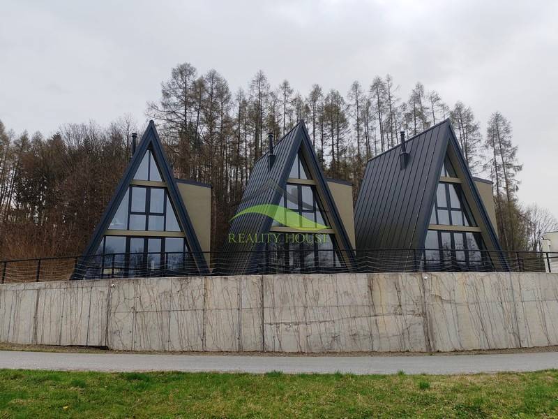Houses on Eva Street in Holčíkovce with triangular roofs surrounded by nature and forest.
