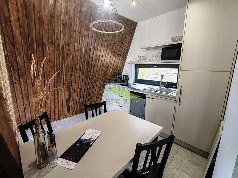 A kitchen in a cabin with a wood-patterned floor, wooden walls, and modern equipment.
