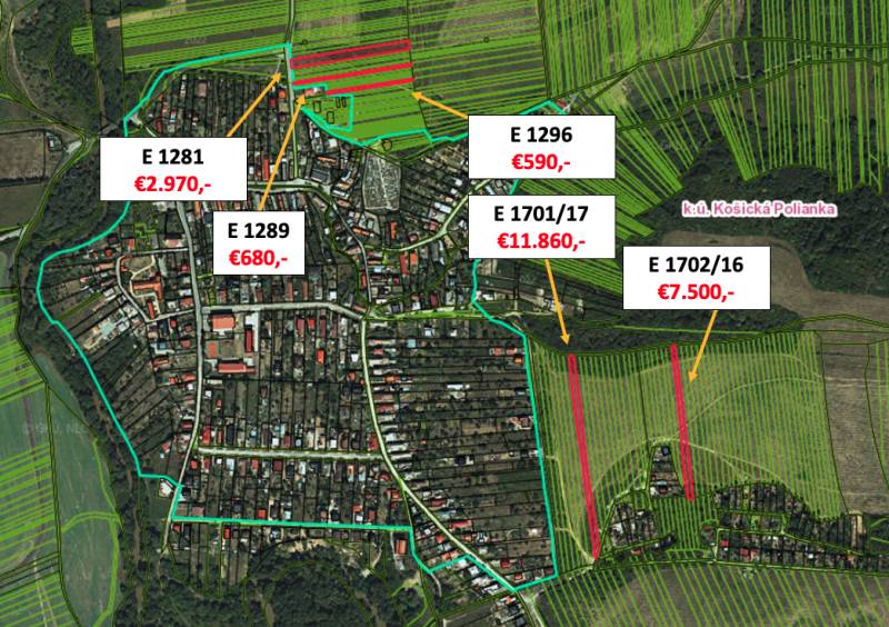 Aerial view of agricultural and forest lands in Košická Polianka with marked prices.