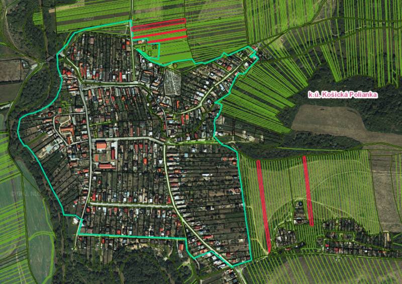 Aerial view of agricultural and forest land in Košická Polianka.