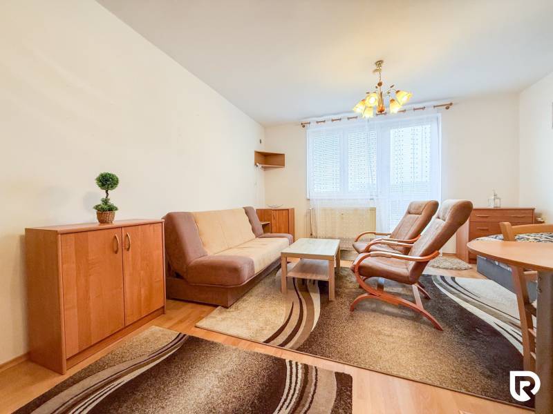 Living area of a studio apartment with brown furniture and a wooden decor floor.