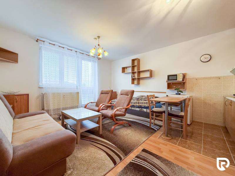 A studio apartment with a wooden floor, a sofa, armchairs, a table, and a kitchenette.