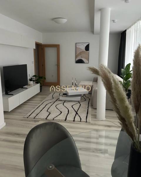 Living room of a two-room apartment with a wooden decor floor, white furniture, and a carpet.