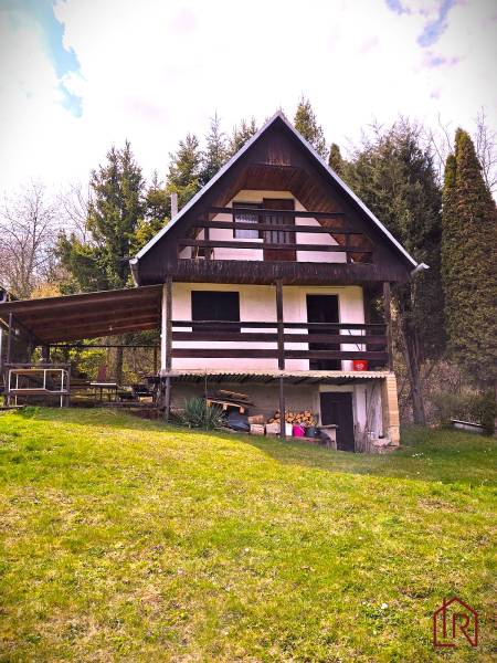 A cottage in Veľký Šariš on a slope among trees with a meadow in the foreground.