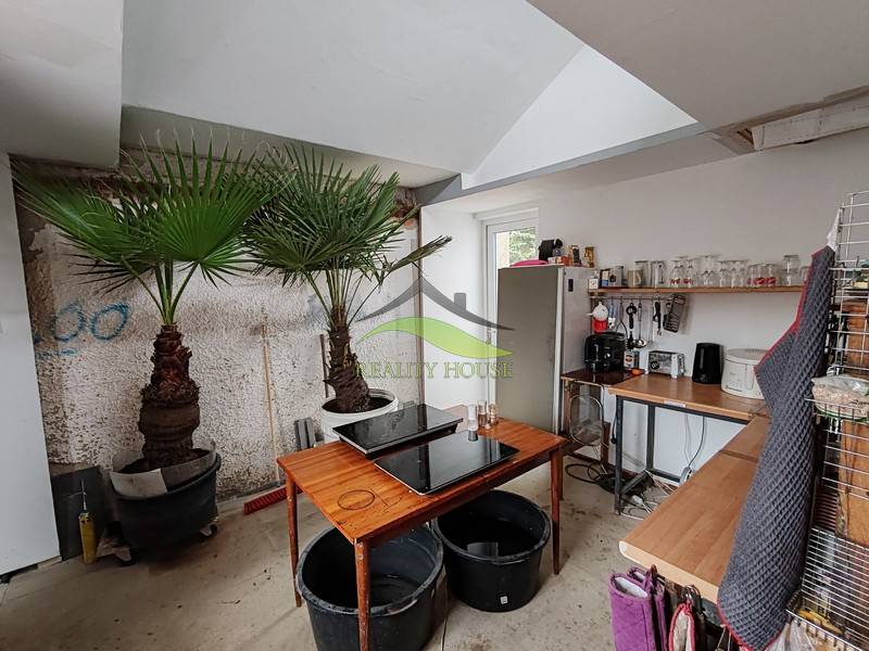 Interior of a family house with palm trees, a kitchenette, and a practical workspace.