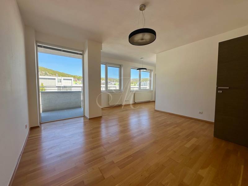 Living room in a four-room apartment with a wooden decor floor and a balcony.