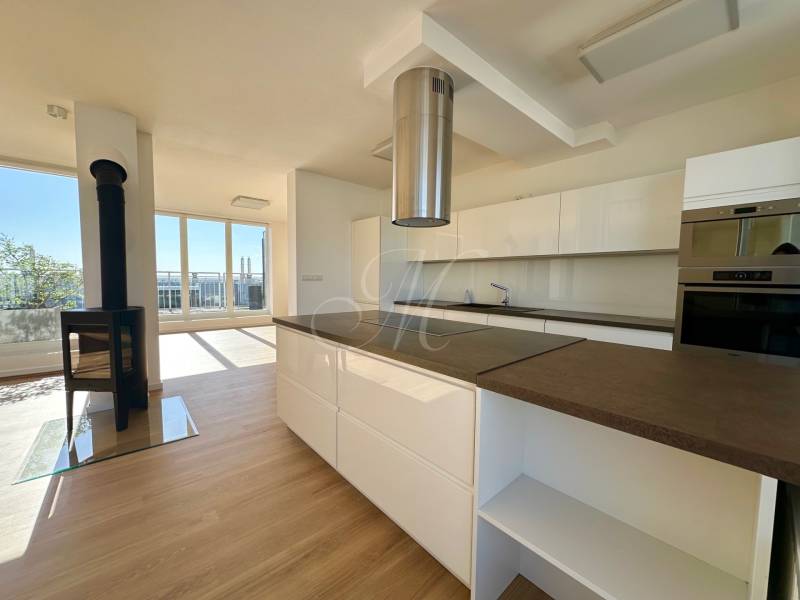 A kitchen in a 4-room apartment with a fireplace and a floor with a wooden decor.