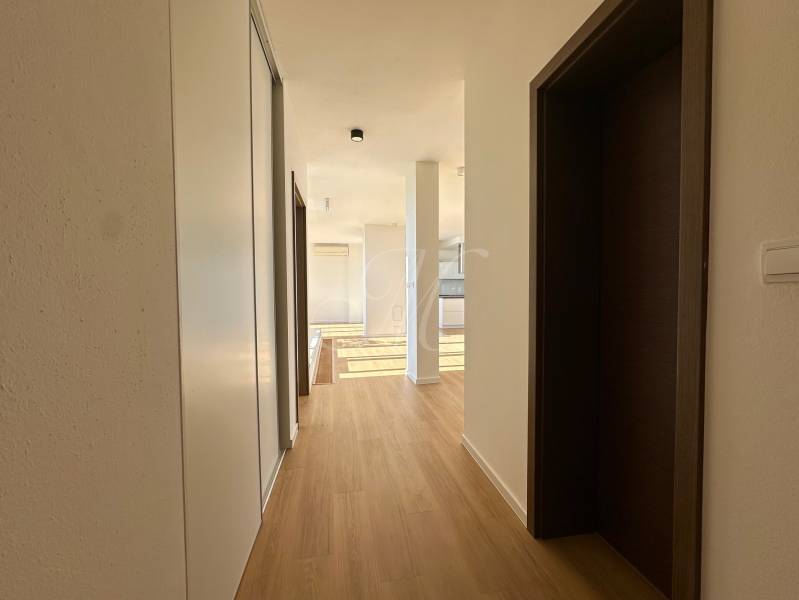 A hallway in a 4-room apartment with a wooden decor floor and a built-in wardrobe.