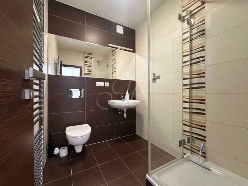 A bathroom with a shower and dark tiles in a 4-room apartment.