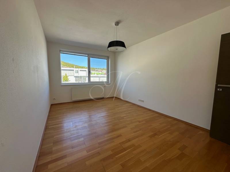 A spacious room in a 4-room apartment with a wooden decor floor and a large window.