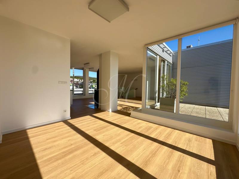 Spacious 4-room apartment with large windows and wooden decor flooring.