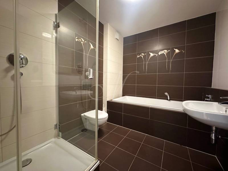 A bathroom in a 4-room apartment with a bathtub and a shower, tiled with brown tiles.