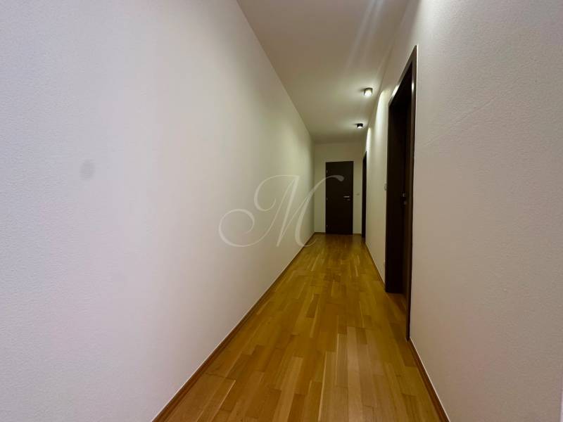 A hallway with an entrance door and a wooden decor floor in a 4-room apartment.