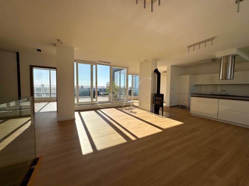 Spacious living room with wood-decor flooring and access to the terrace.