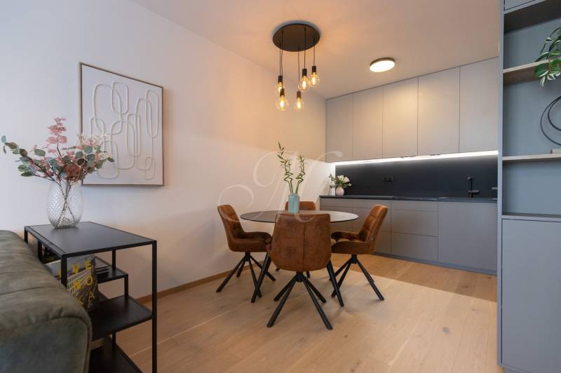 Kitchen in a 2-room apartment with a dining table, wooden decor flooring.