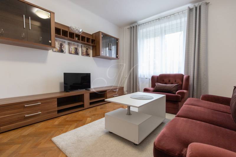 Living room in a 2-room apartment with a sofa, television, and floor with wooden decor.