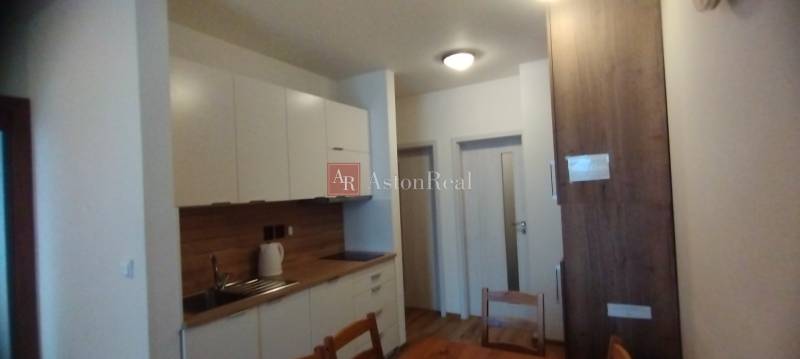 A kitchen in a 2-room apartment with a wooden decor floor and white cabinets.