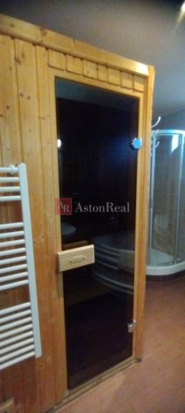Sauna and shower in the bathroom of a 2-room apartment with a wooden decor floor.