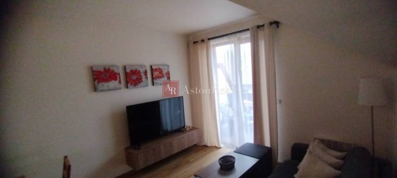 Living room with a sofa, television, and red paintings in a 2-room apartment.
