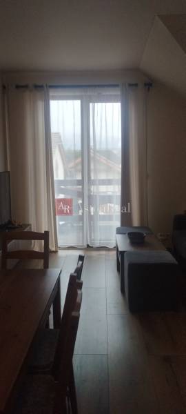Living room in a two-room apartment with a wooden decor floor and a French window.