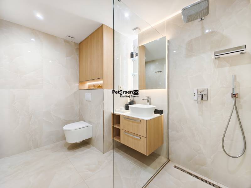 Bathroom in a 2-room apartment with a walk-in shower, white sink, and wooden cabinets.
