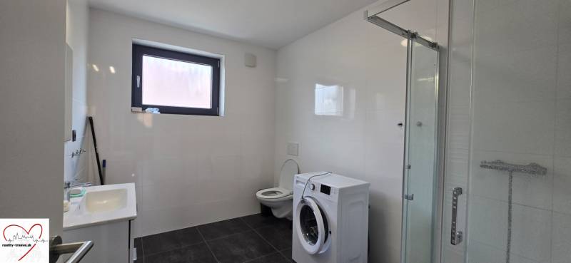 Bathroom with a shower, sink, and washing machine in a 3-room apartment.