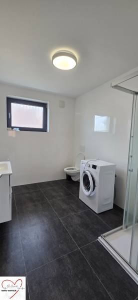A bathroom in a 3-room apartment with a shower, a washing machine, and black tiles.