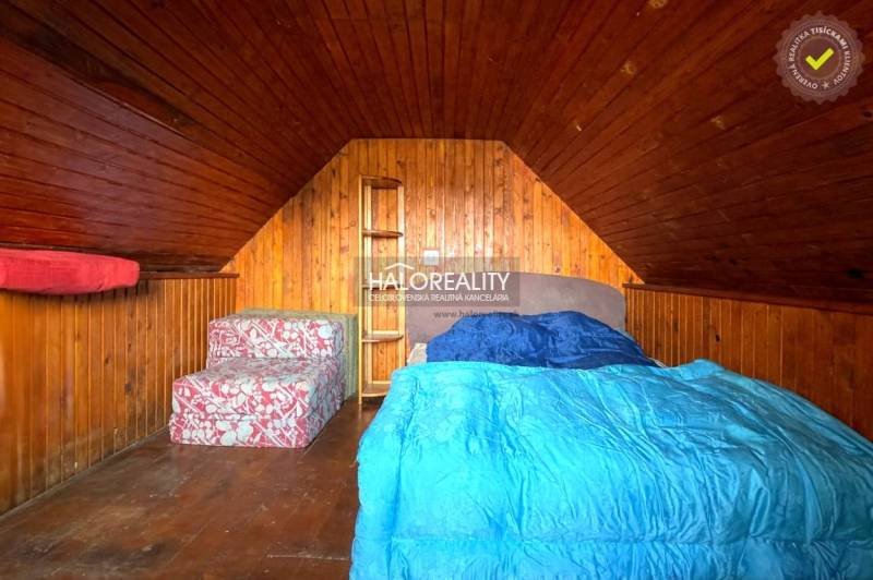 Attic room with wooden paneling, a bed, and a sofa in a cabin.