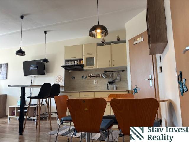 Kitchen and dining area in a studio apartment with wood-patterned flooring.