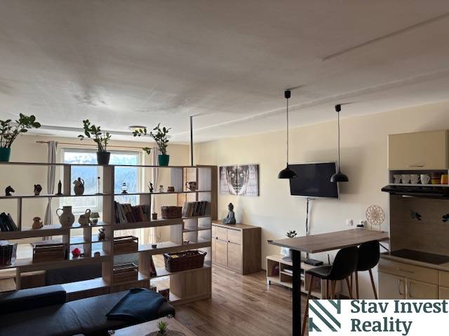 A living room in a one-room apartment with light furniture and a wooden decor floor.