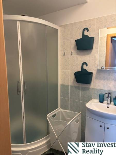 Bathroom in a studio apartment with a corner shower and white accessories.