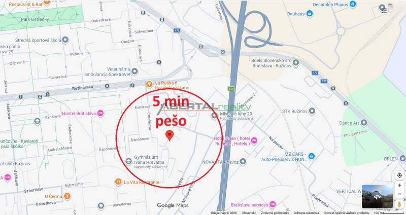 Map of a walking circuit in Bratislava - Ružinov on Exnárova Street.