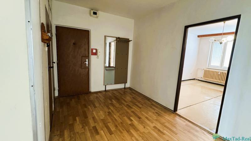 Entrance hallway with a mirror and a wooden decor floor in a 3-room apartment.