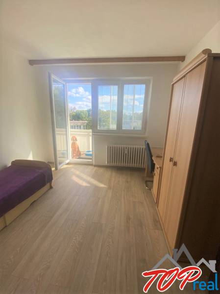 Bright room in a 4-room apartment with a balcony and a wooden decor floor.