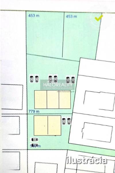 Land plan for residential areas in Senec with marked plots and parking spaces.