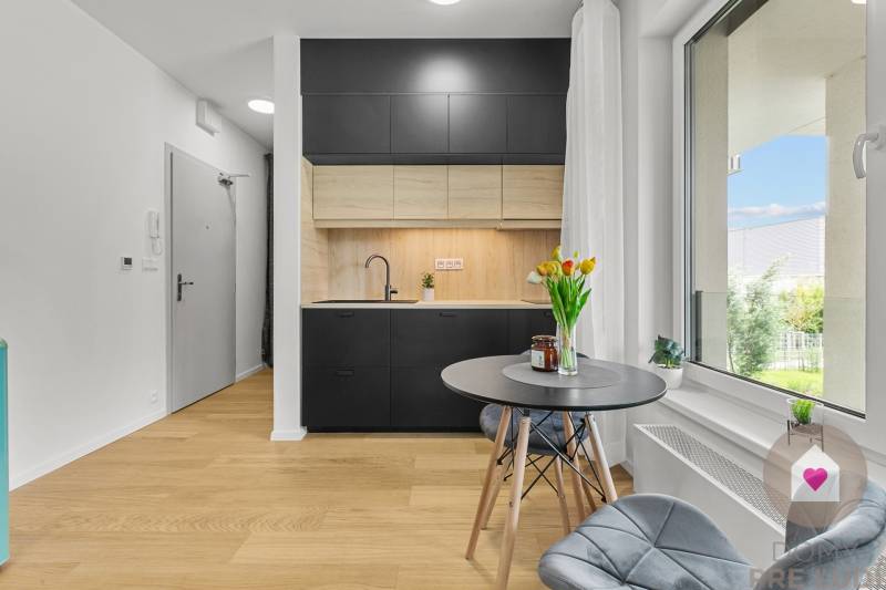 A kitchen with gray cabinets and a wood-patterned floor in a studio apartment.