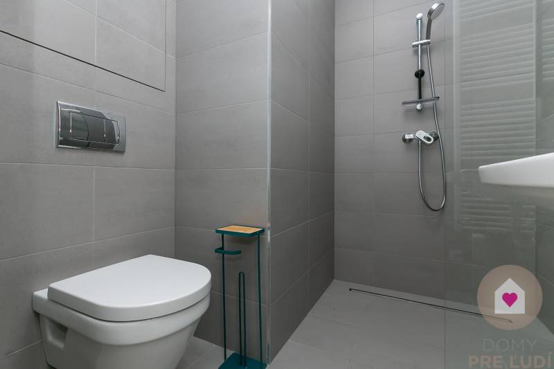 Bathroom with toilet and shower in a studio apartment.