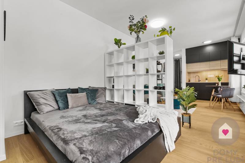 1-bedroom apartment with a bed, a shelf, wood-patterned flooring, and a black kitchen.