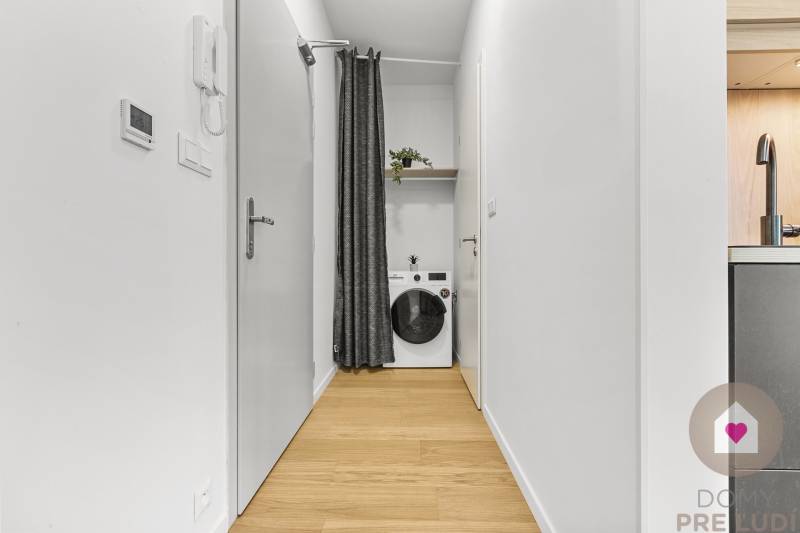 A narrow hallway in a one-room apartment with a curtain and a washing machine.