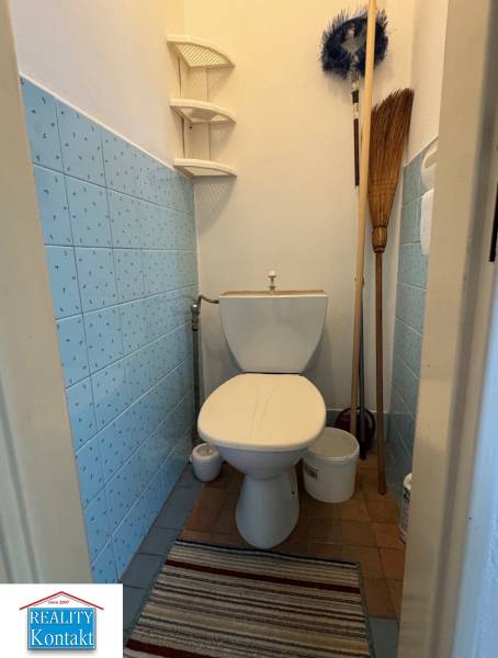A bathroom in a family house with blue tiles, corner shelves, and a rug.