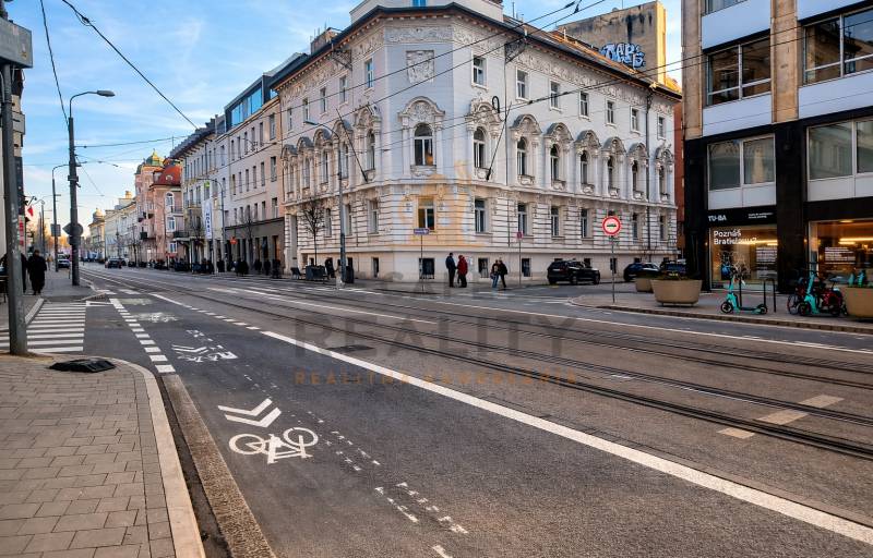 Štúrova Street in Bratislava - Historical core with commercial spaces and tram tracks.